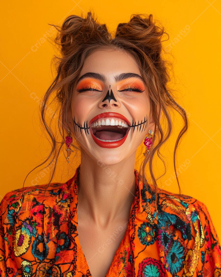 Foto Mulher Maquiagem Caveira Mexicana Halloween Sorrindo