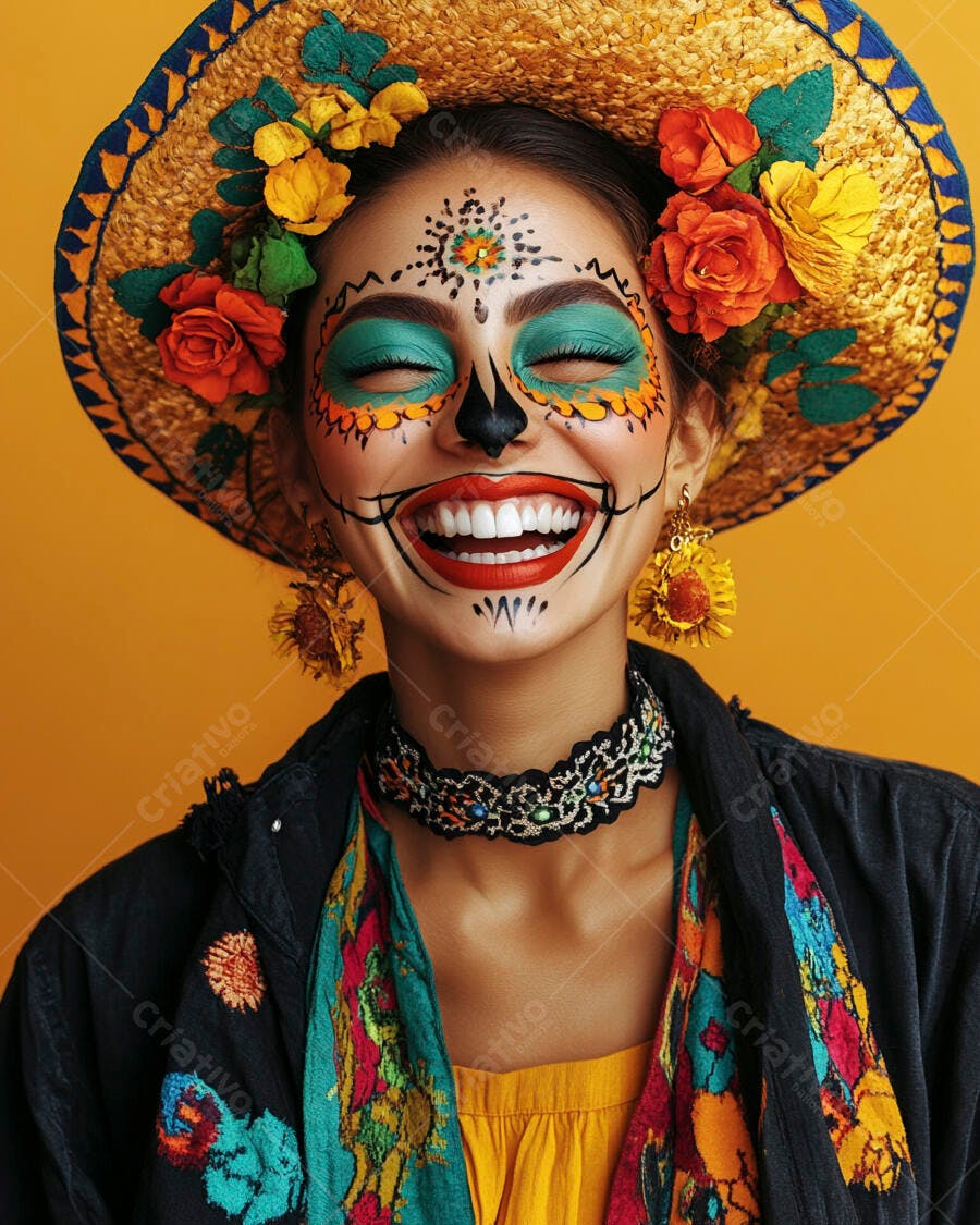 Foto Mulher Maquiagem Caveira Mexicana Sombrero Colorido