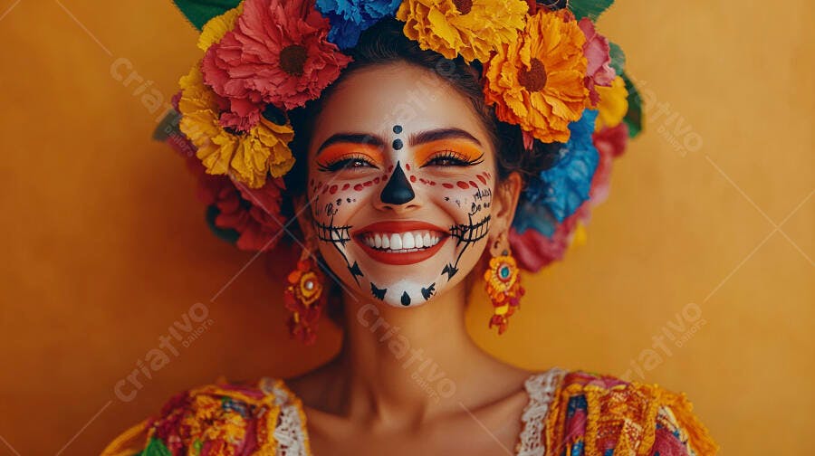 Foto Mulher Maquiagem Dia dos Mortos Flores Coloridas Sorrindo