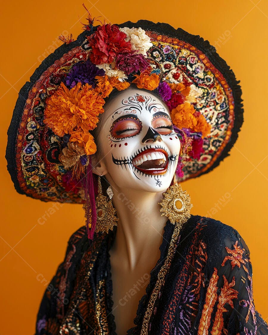 Foto Mulher Maquiagem Caveira Mexicana Dia dos Mortos Sorrindo