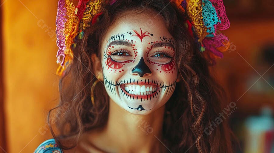 Foto Mulher Maquiagem Caveira Mexicana Dia dos Mortos Sorrindo