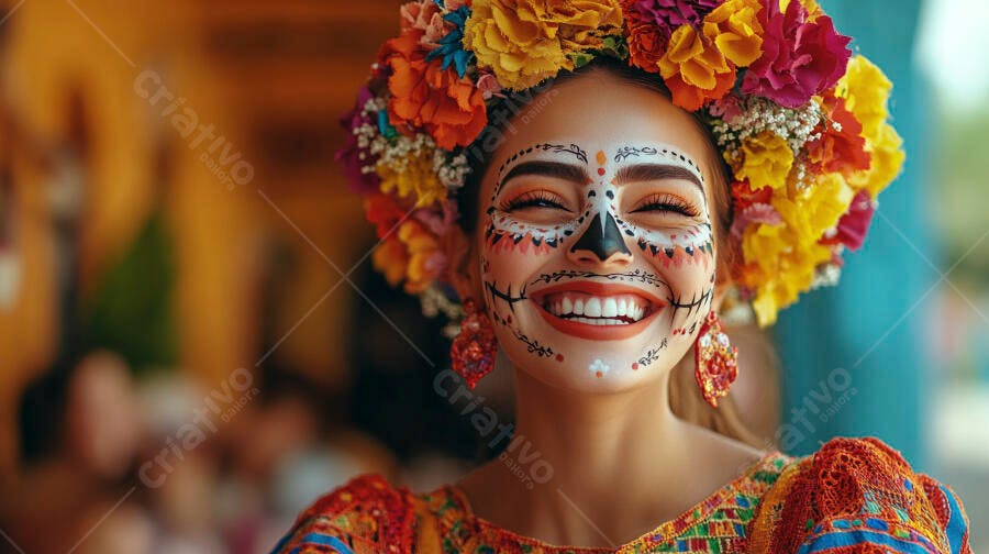 Foto Mulher Maquiagem Caveira Mexicana Flores Coloridas Sorrindo