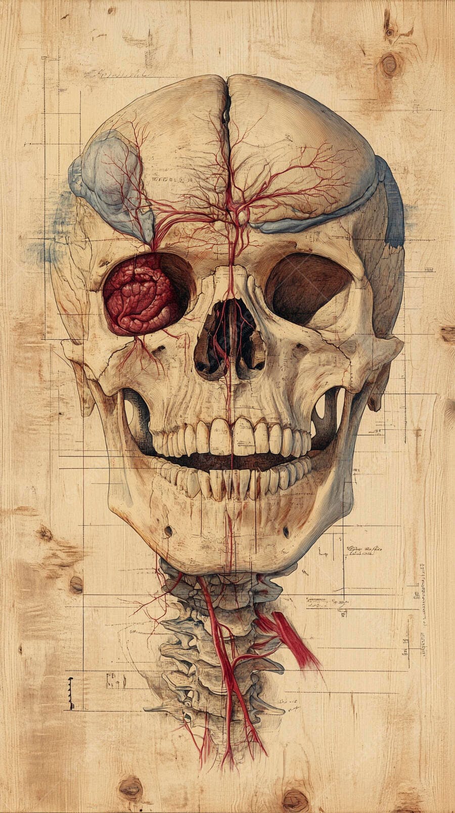 Foto Crânio Humano Anatomia Cérebro e Coluna Cervical Vintage