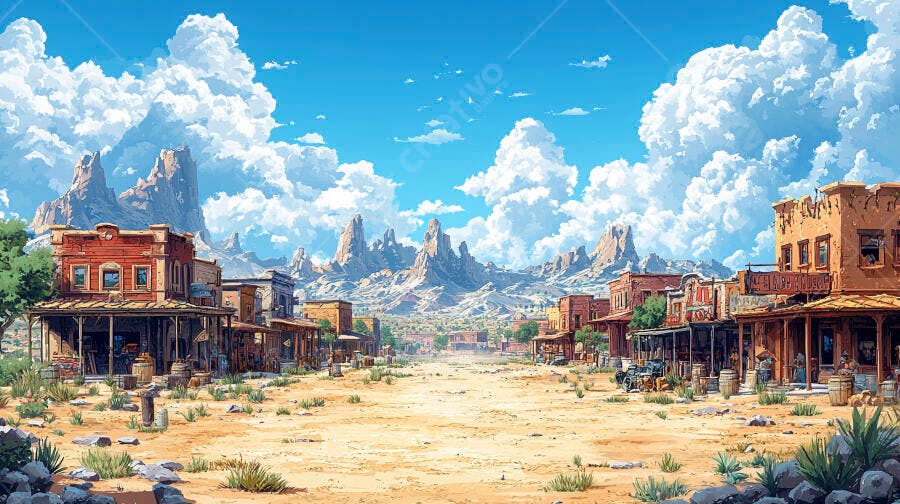 Foto Cidade Velho Oeste Deserta com Montanhas e Céu Azul