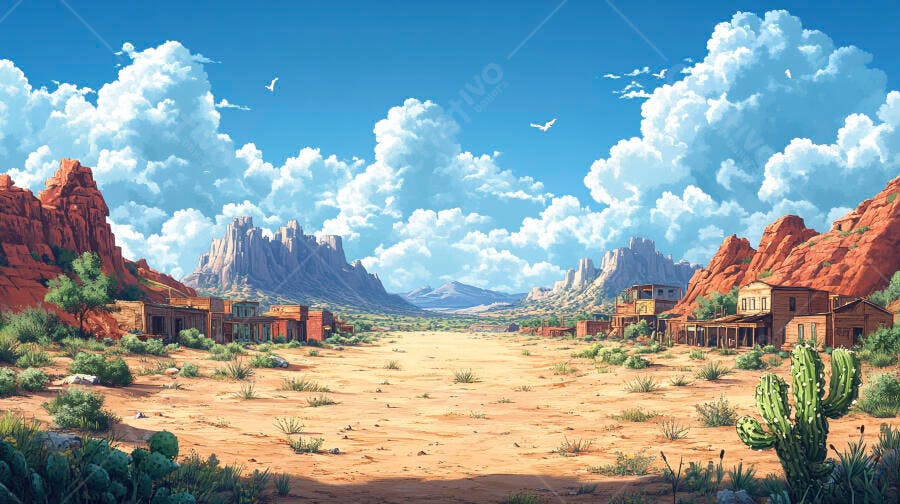 Cenário Velho Oeste Deserto Cidade Fantasma Cactos Ilustração
