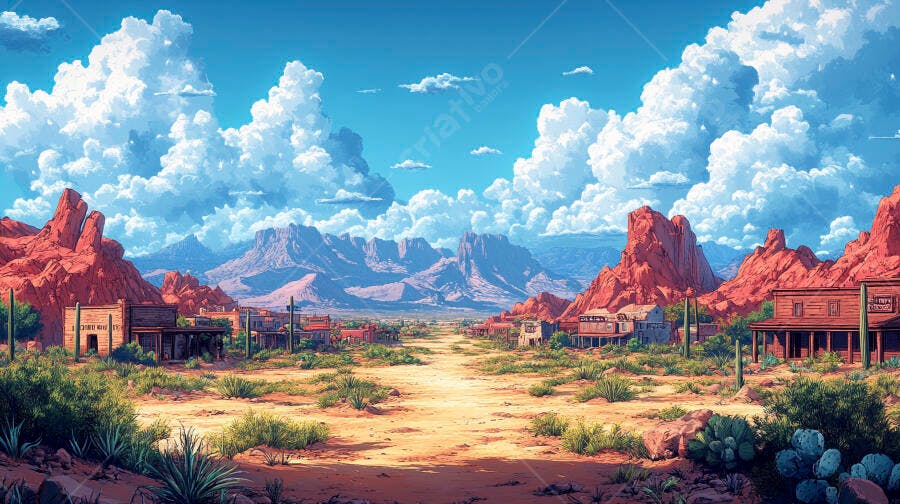 Ilustração Cidade Velho Oeste Deserto Montanhas Azuis