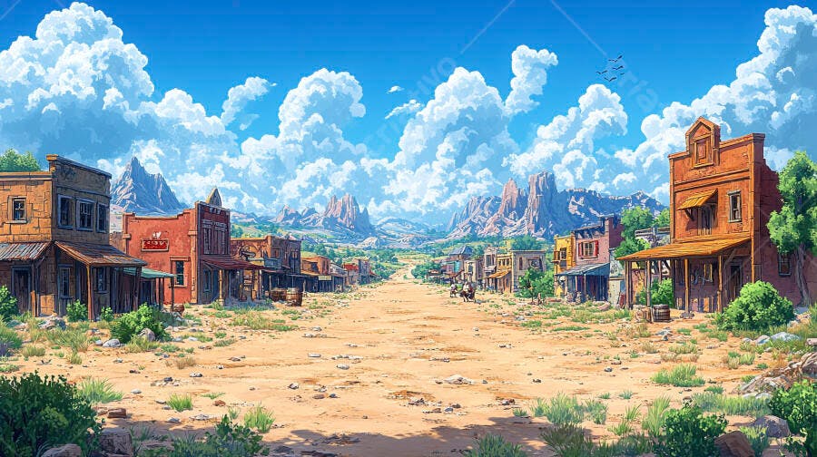 Foto Cidade Velho Oeste Deserta Fundo Montanhas Céu Azul