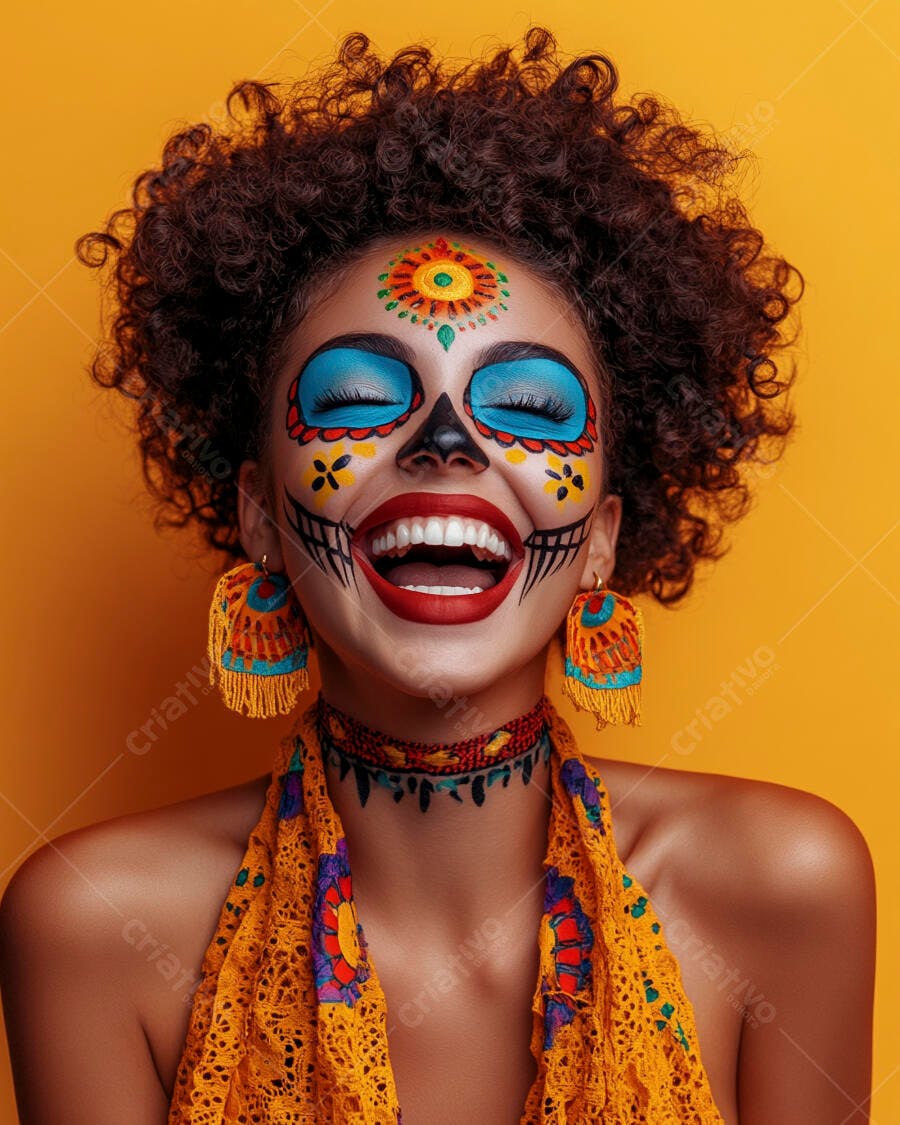 Foto Mulher Negra Maquiagem Caveira Mexicana Dia de Los Muertos