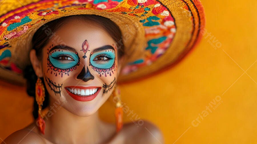 Mulher latina feliz com maquiagem calavera azul e sombrero mexicano amarelo
