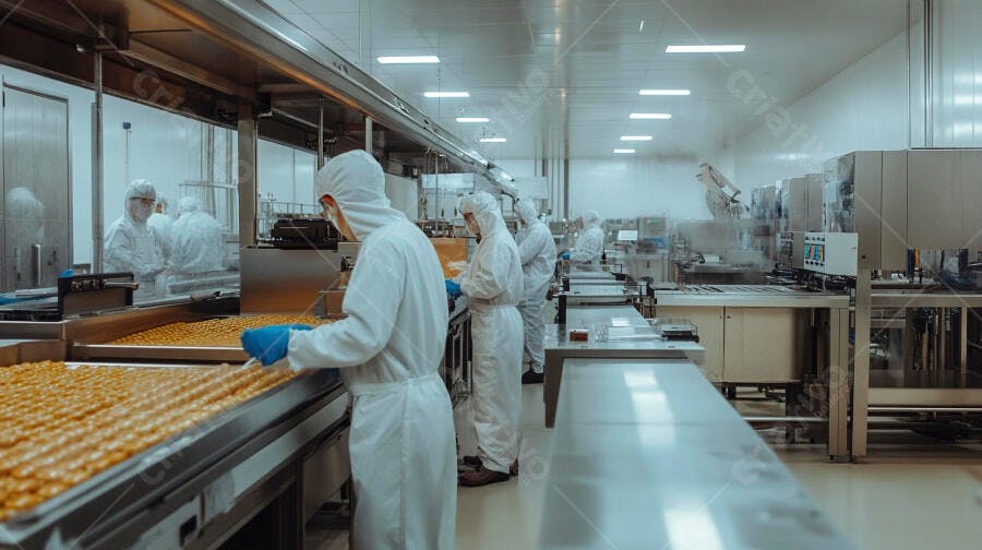 Foto Profissionais Trabalhando Fábrica de Alimentos Linha de Produção