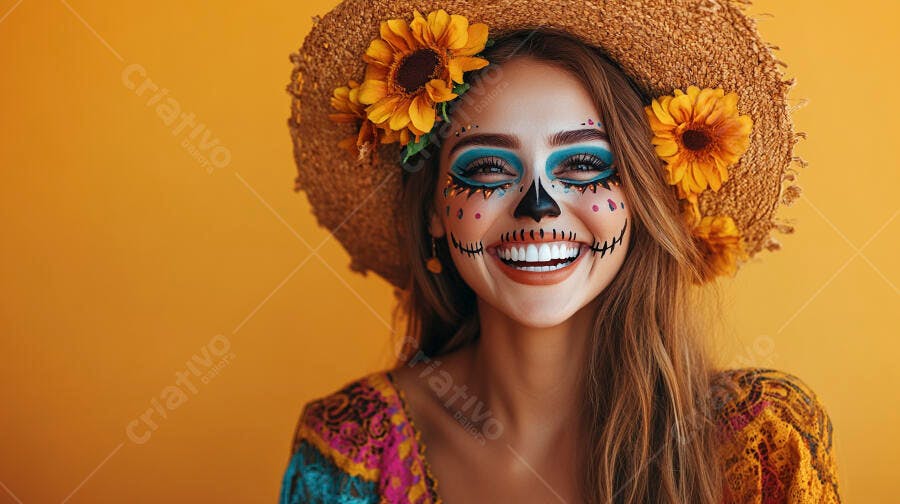 Foto Mulher Sorrindo Maquiagem Caveira Mexicana Chapéu Palha