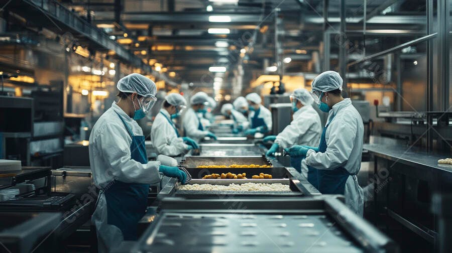 Foto Profissionais Trabalhando Linha de Produção Fábrica Alimentos