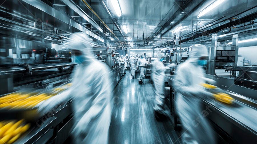 Foto Trabalhadores Fábrica Alimentos Produção Industrial Linha Montagem