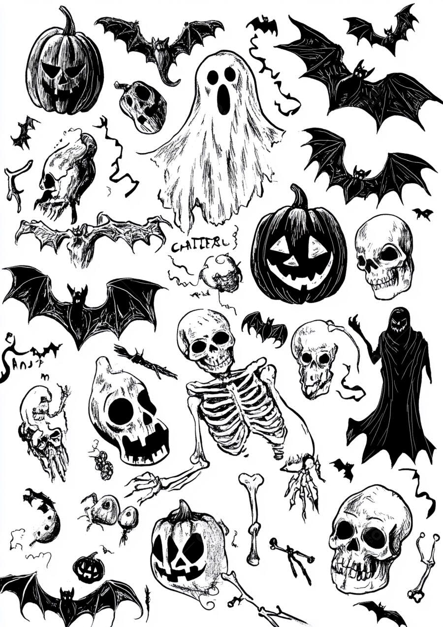 Foto Ilustrações Halloween Abóboras Morcegos Esqueletos Fantasmas