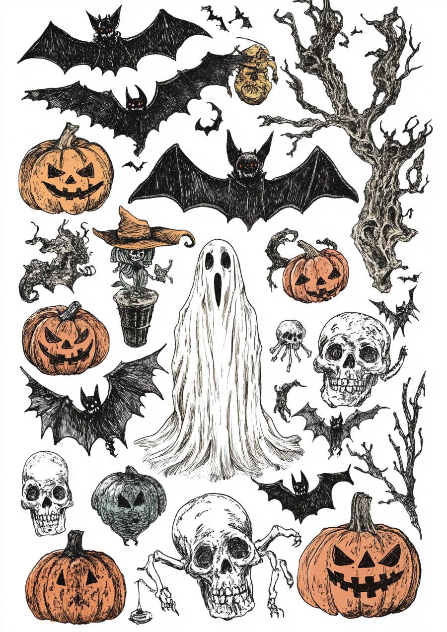 Ilustração Halloween Desenhos Abóboras Morcegos Esqueletos