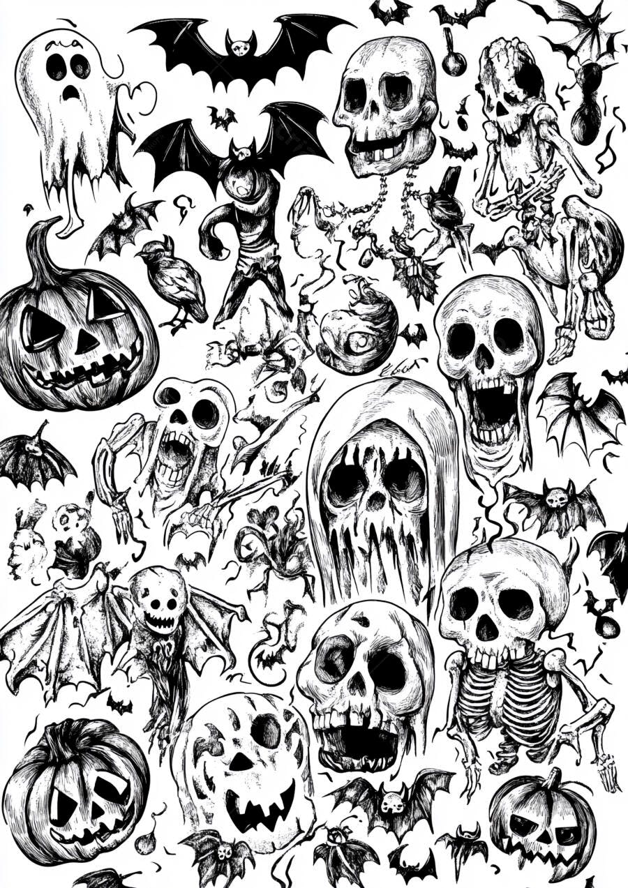 Foto Ilustração Halloween Esqueletos Abóboras Fantasmas Morcegos