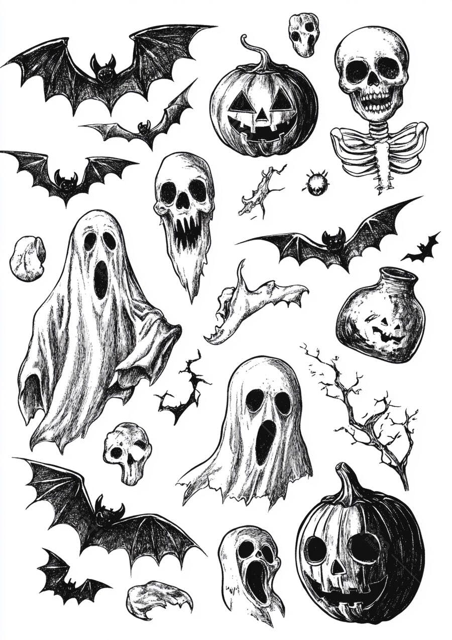 Ilustração Halloween Fantasmas Abóboras Morcegos Esqueletos