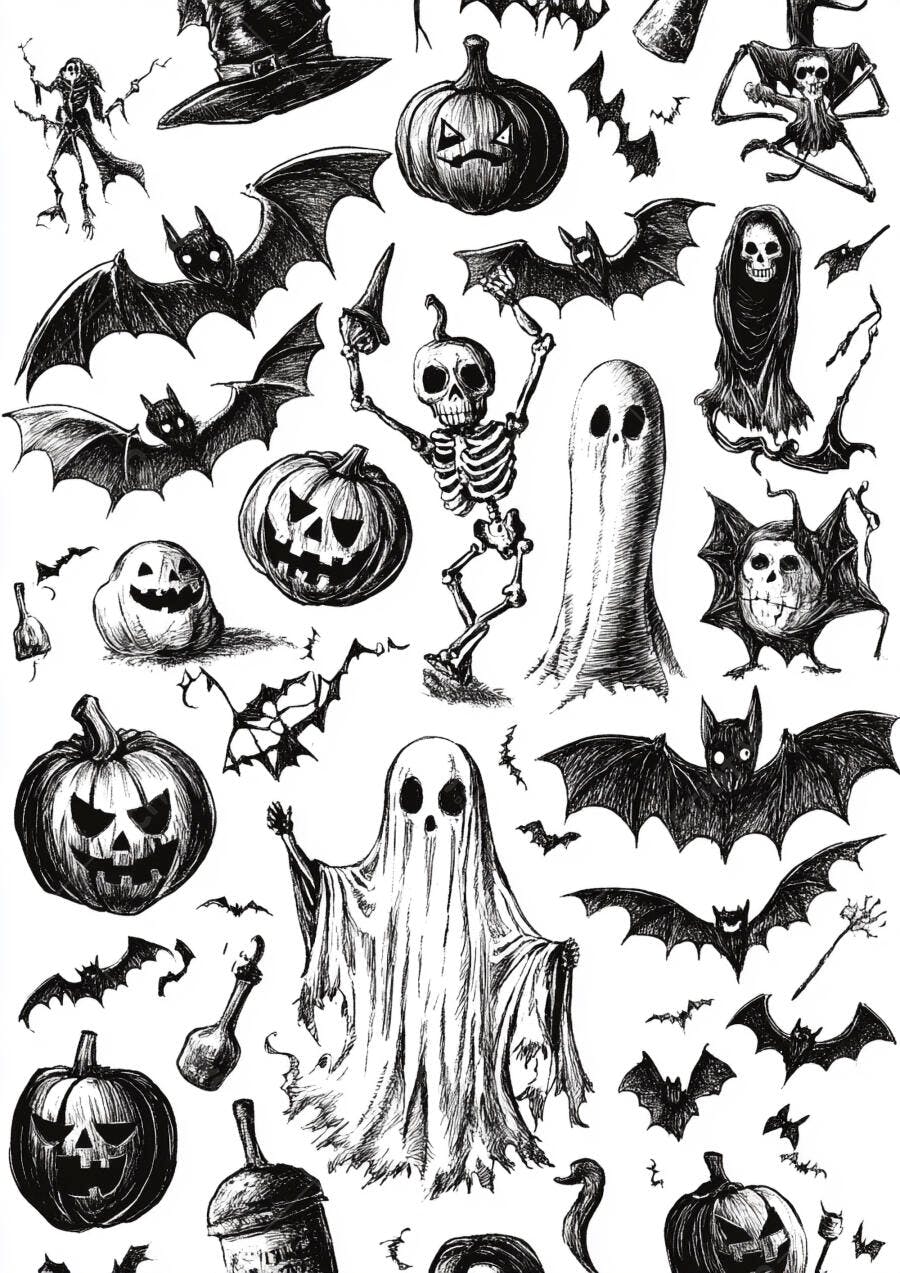 Ilustração Halloween Desenhos Abóboras Morcegos Esqueletos Fantasmas