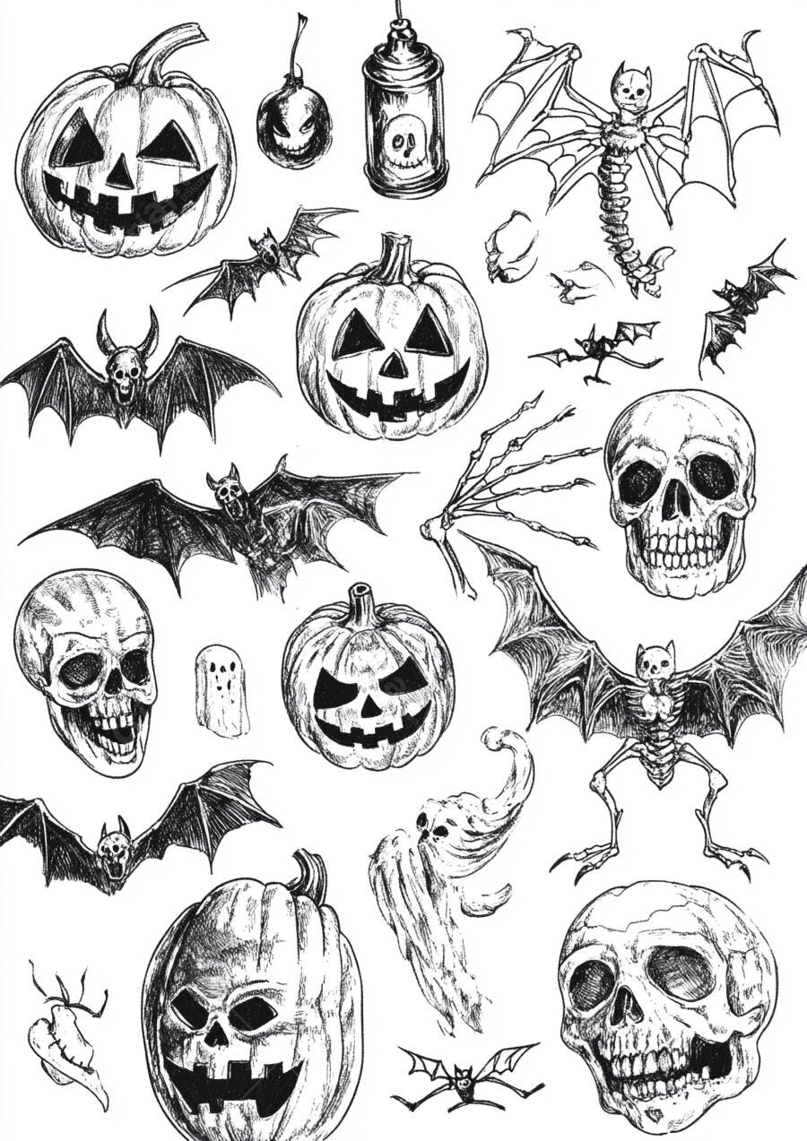 Foto Ilustrações Halloween Abóboras Morcegos Crânios Desenho