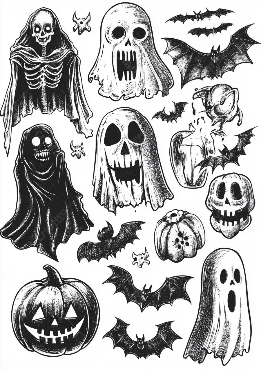 Ilustração Halloween Esqueletos Fantasmas Morcegos Abóboras P&B