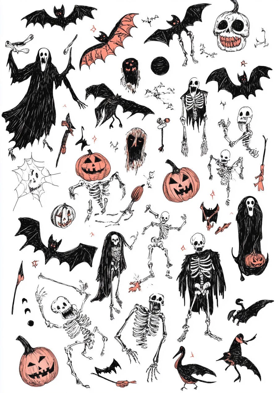 Ilustração Halloween Esqueletos Abóboras Morcegos Desenho
