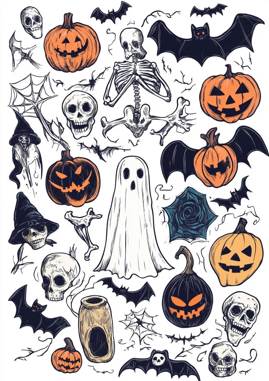 Ilustração Halloween Abóboras Esqueletos Fantasma Morcegos