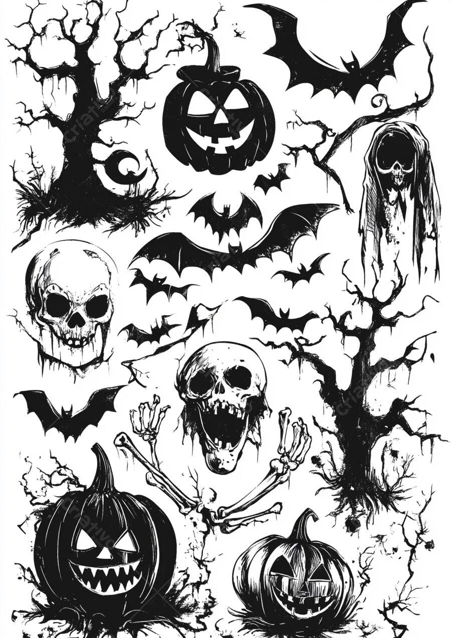 Foto Elementos Halloween Abóboras Morcegos Crânios Árvores
