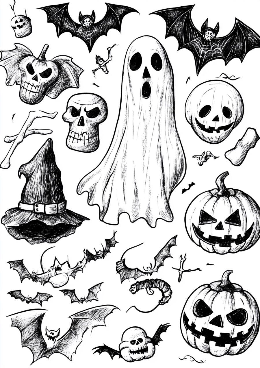 Desenho Halloween Fantasma Abóbora Morcego Caveira Ilustração