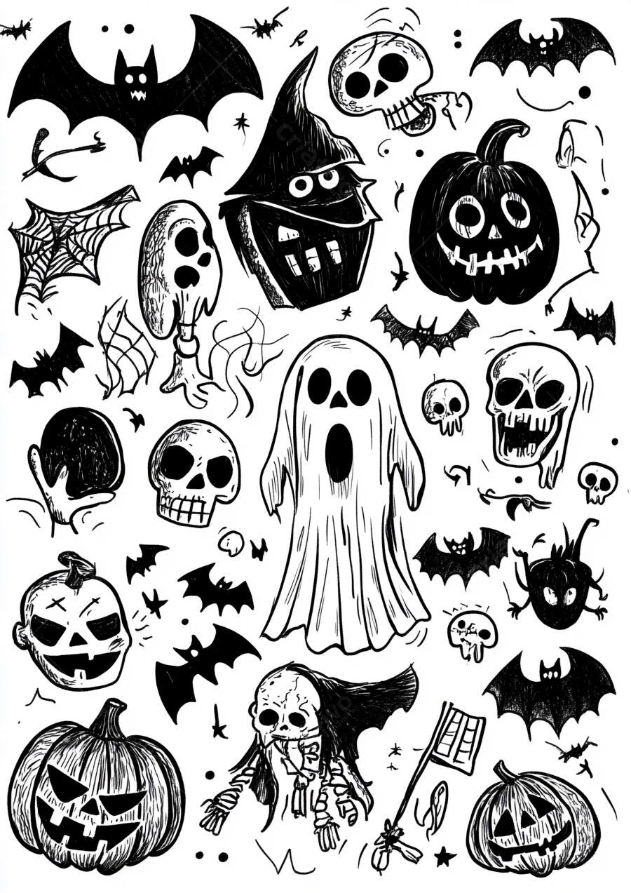 Ilustração Halloween Desenhos Assustadores Abóboras Morcegos Esqueletos