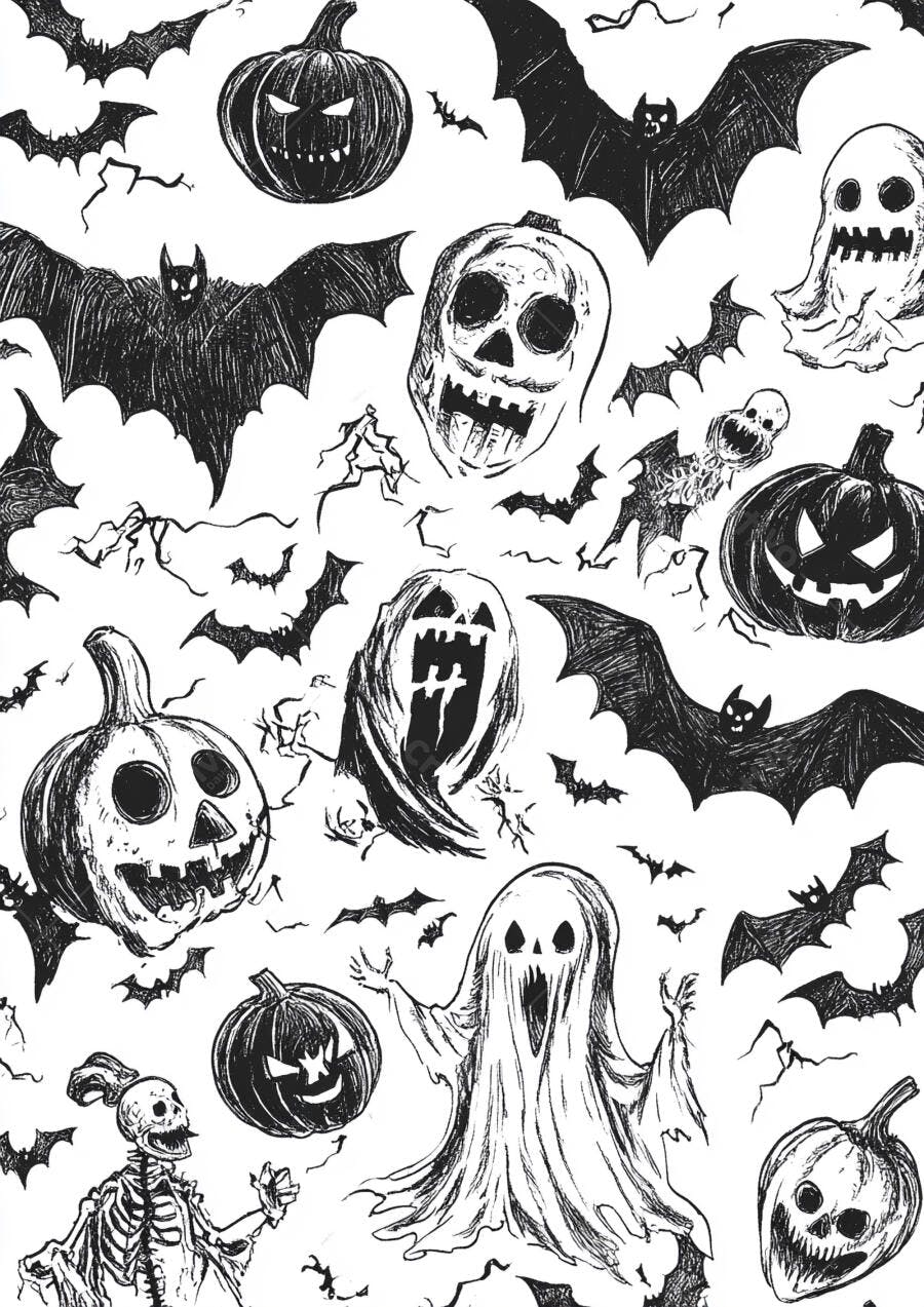 Foto Ilustração Halloween Abóboras Morcegos Fantasmas Esqueletos