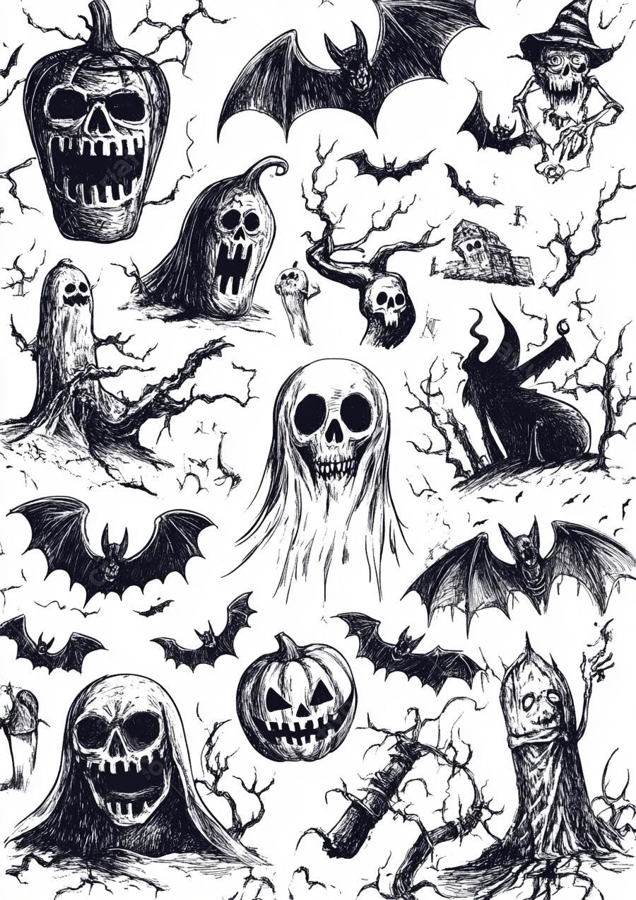 Desenhos Halloween Abóboras Morcegos Esqueletos Assustadores