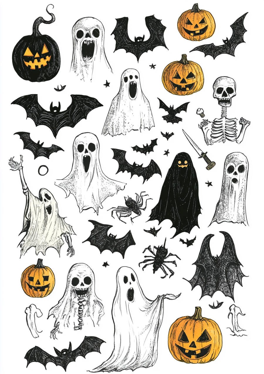 Ilustração Halloween Fantasmas Abóboras Morcegos Esqueletos