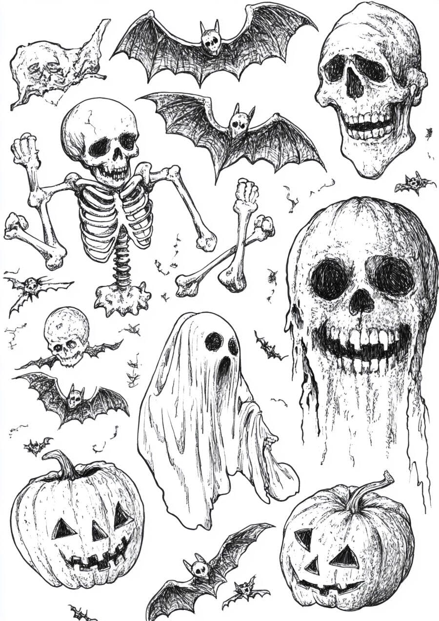 Ilustrações Halloween Esqueletos Abóboras Fantasmas Morcegos Desenho