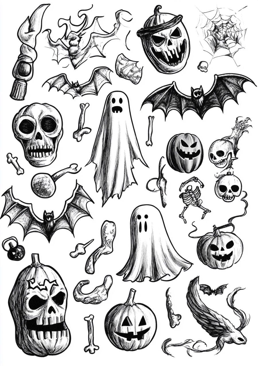 Foto Ilustração Halloween Fantasmas Abóboras Morcegos Esqueletos