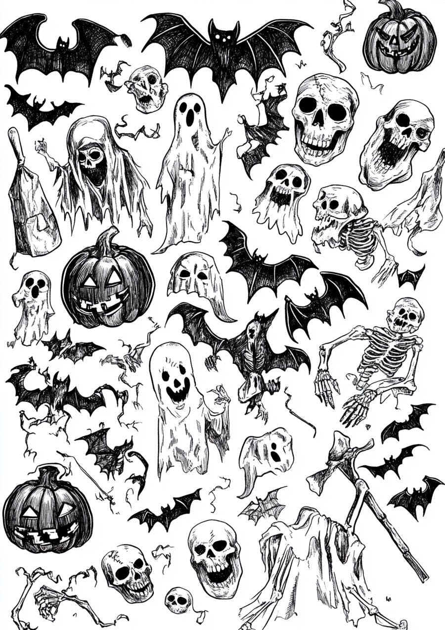 Ilustração Halloween Esqueletos Morcegos Abóboras Fantasmas