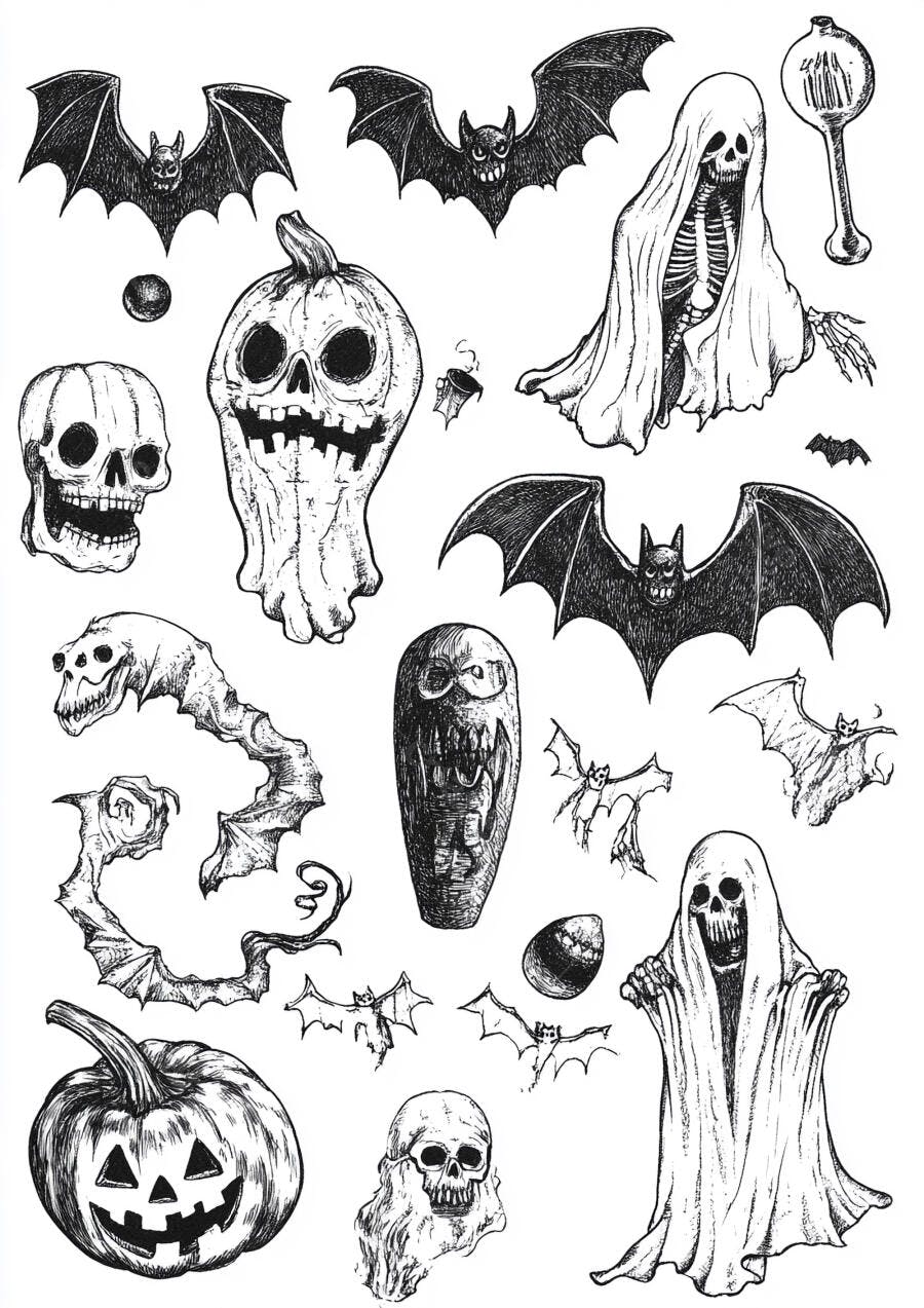 Foto Ilustrações Halloween Abóboras Morcegos Esqueletos Fantasmas