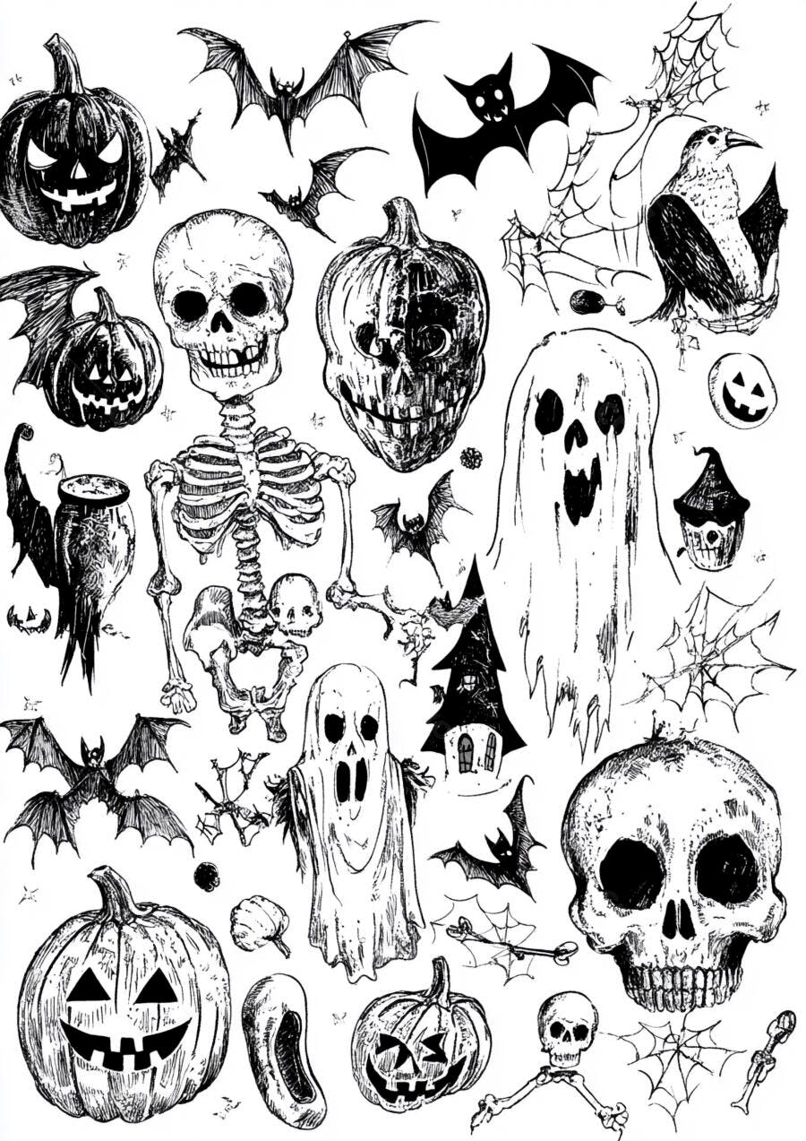 Ilustração Halloween Esqueletos Abóboras Fantasmas Morcegos Desenho