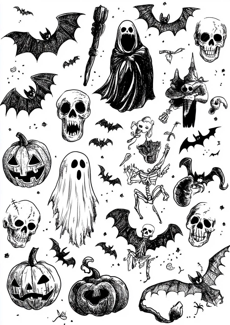 Foto Ilustração Halloween Ícones Terror Desenho Vintage