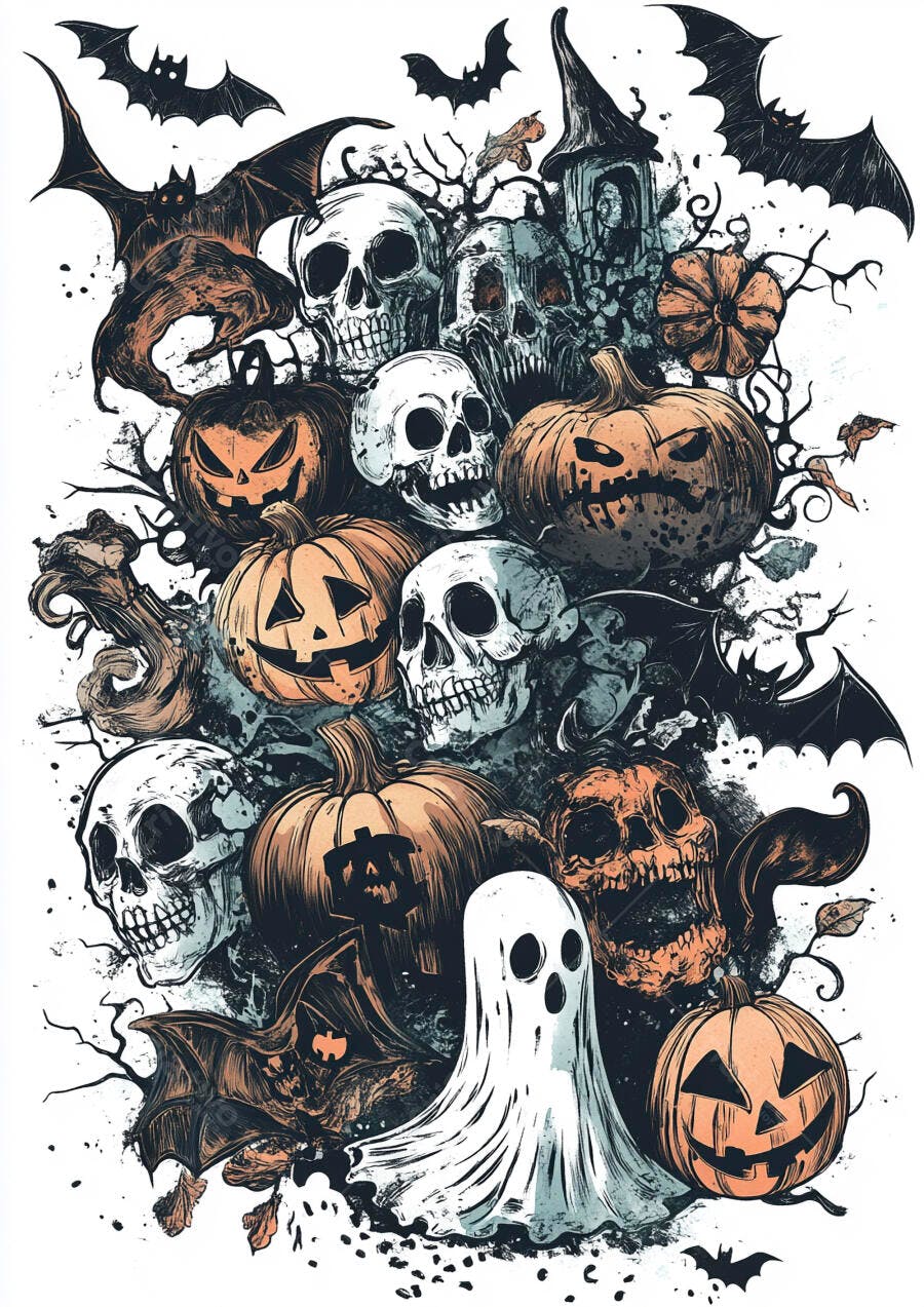 Ilustração Halloween Crânios Abóboras Fantasma Morcegos