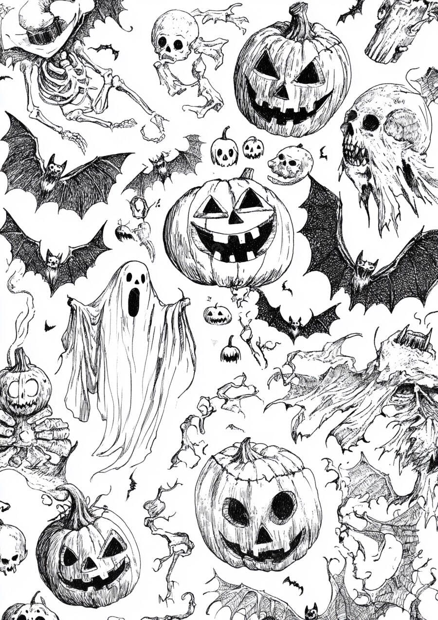 Ilustração Halloween Abóboras Morcegos Esqueletos Fantasma Desenho