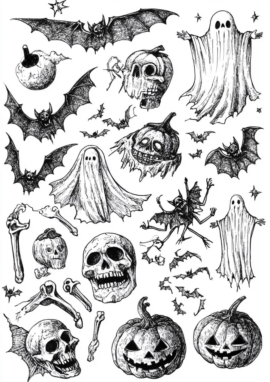 Ilustração Halloween Desenhos Assustadores Abóboras Morcegos Esqueletos