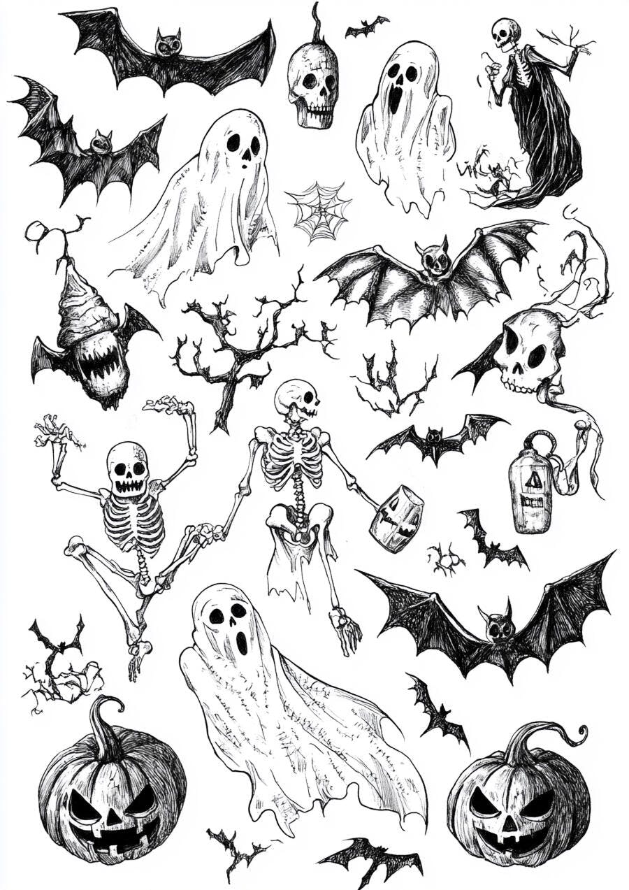 Foto Ilustração Halloween Esqueletos Fantasmas Morcegos Abóboras