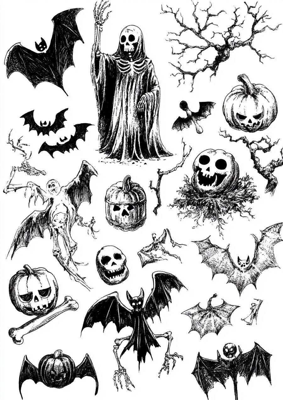 Foto Ilustrações Halloween Morcegos Abóboras Caveiras Desenho