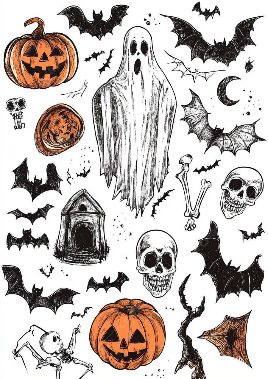 Foto Ilustração Halloween Abóbora Fantasma Morcegos Caveiras