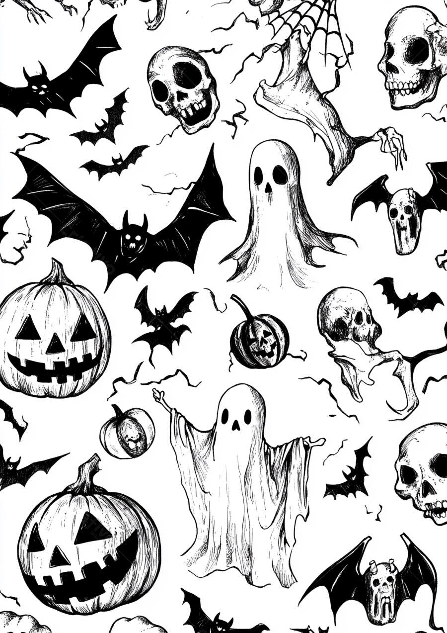 Foto Halloween Fantasmas Abóboras Morcegos Esqueletos Ilustração