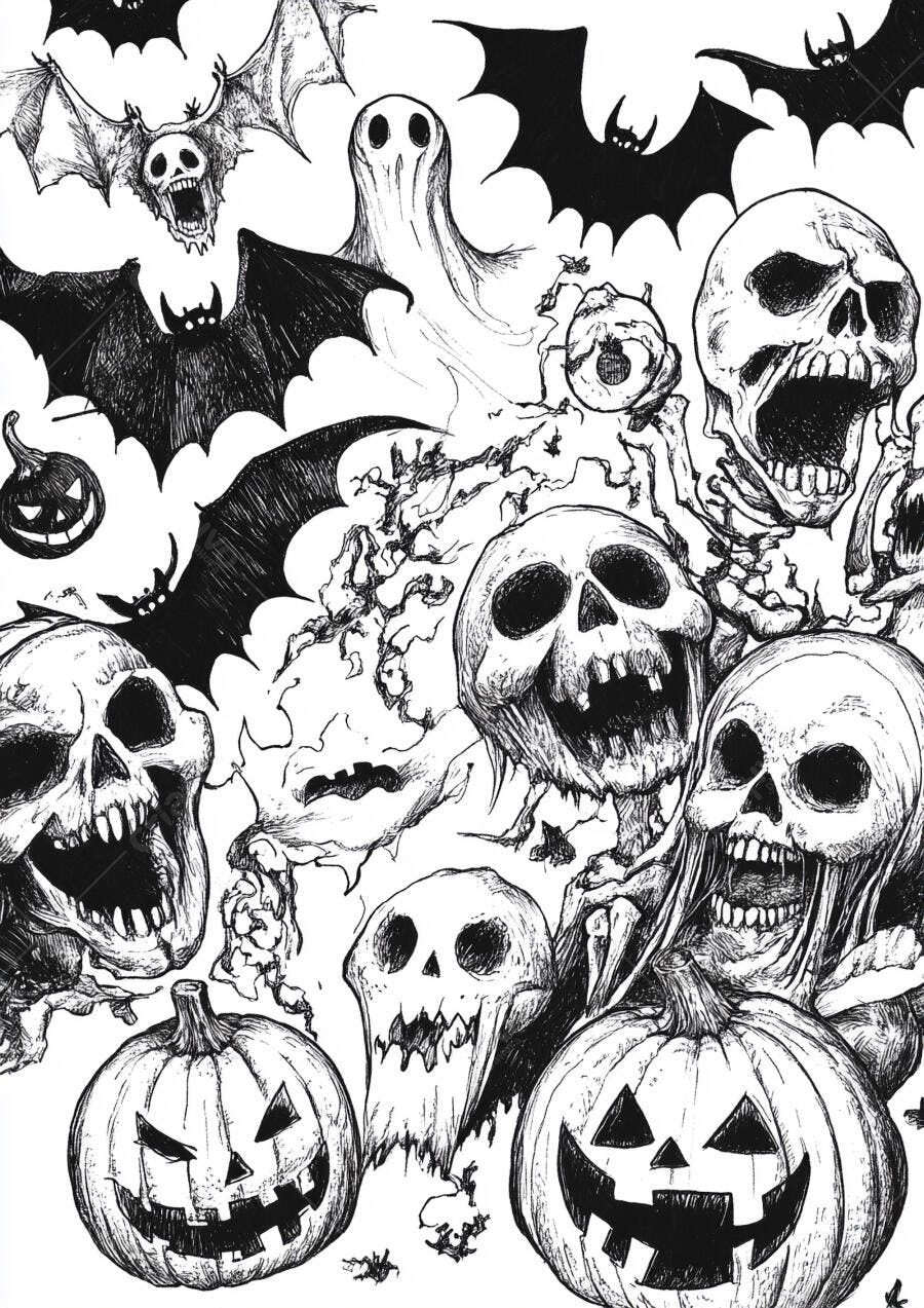 Foto Ilustração Halloween Abóboras Caveiras Morcegos Fantasmas