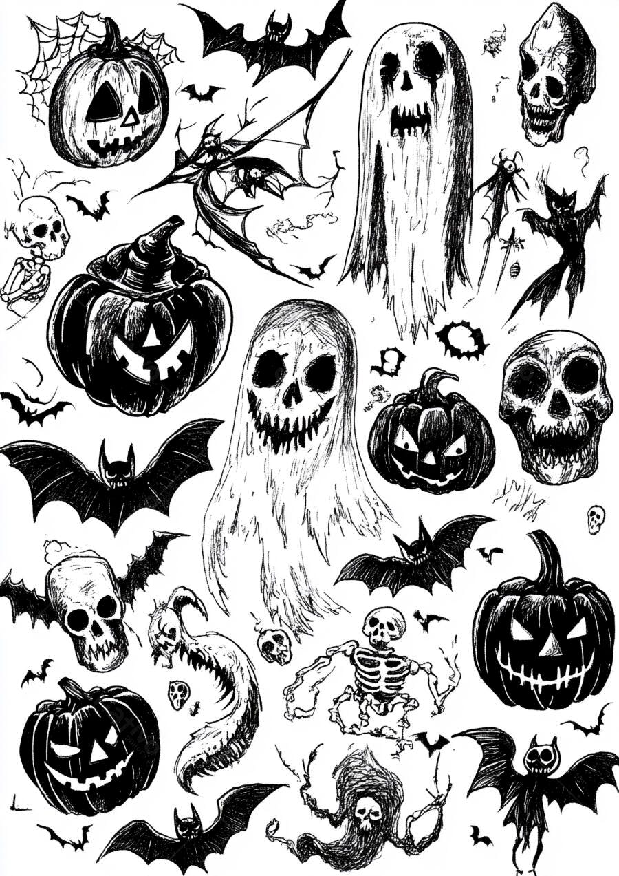 Ilustração Halloween Desenhos Assustadores Abóboras Fantasmas Caveiras