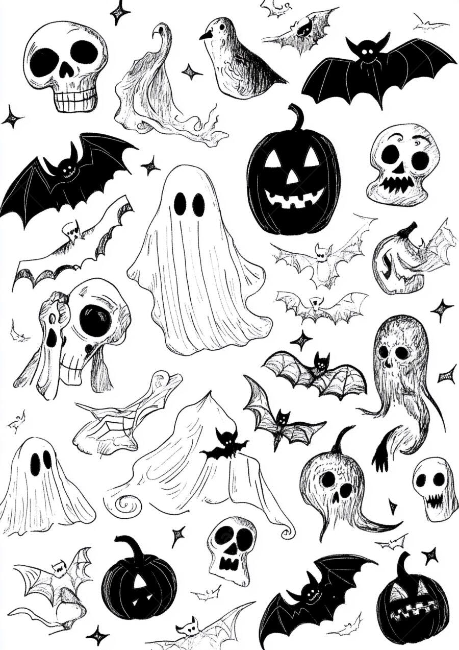 Ilustração Halloween Desenhos Abóboras Fantasmas Morcegos Esqueletos