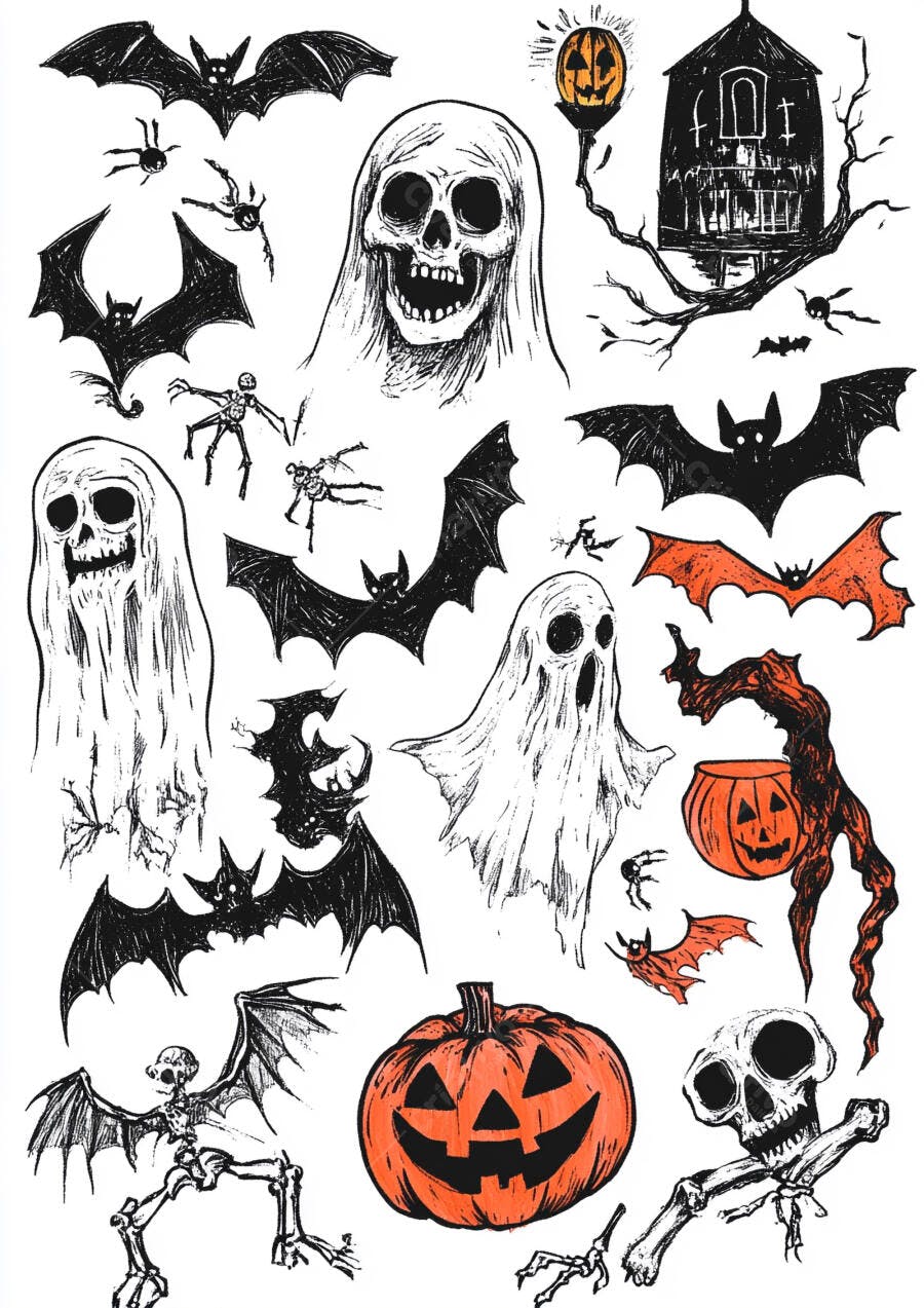 Ilustração Halloween Esqueletos Morcegos Fantasmas Abóboras