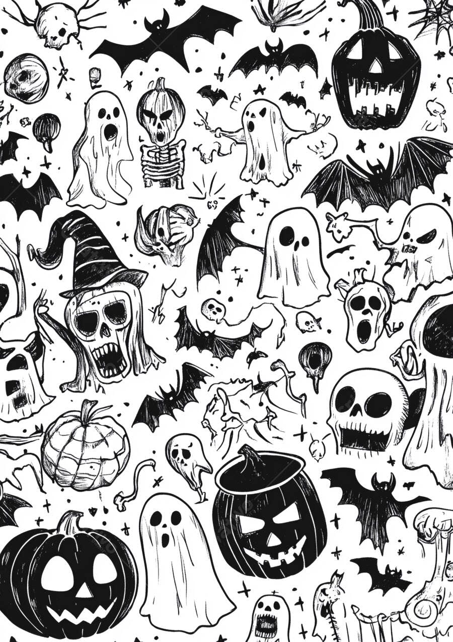 Ilustração Halloween Fantasmas Abóboras Morcegos Desenho Preto e Branco